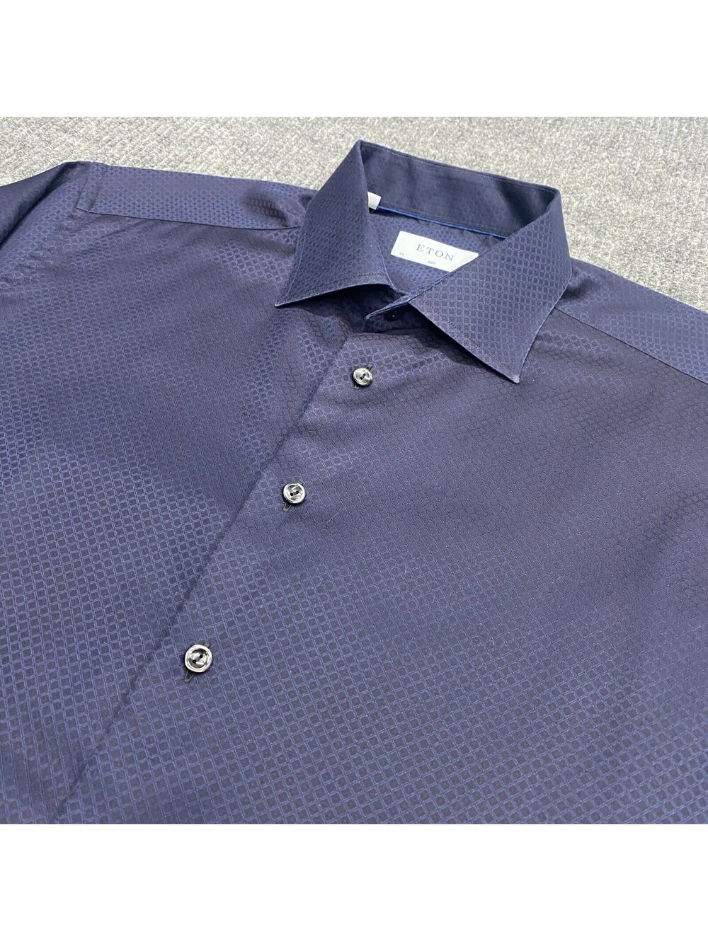 Eton Shirt Men 44 Slim 17 1/2 Blue Textured Diamond Stripe Long Sleeve Button Up